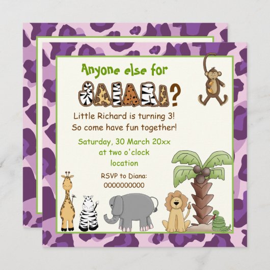 Jungle lila Safari Kindergeburtstag Party Einladung (Vorne/Hinten)