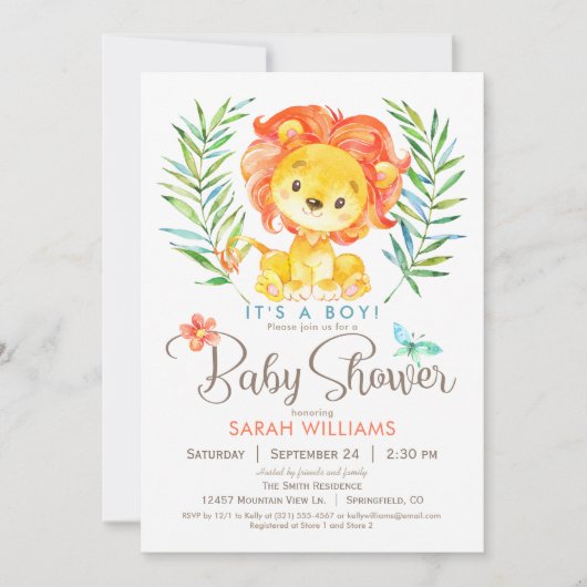 Jungle Lion Baby Dusche, Junge oder Mädchen Einladung (Vorderseite)