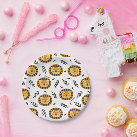 Jungle Lion Muster mit Kindername Geburtstag Pappteller (Party)