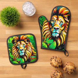 Jungle Lion Pop Art Design Ofenhandschuh & Topflappen-Set