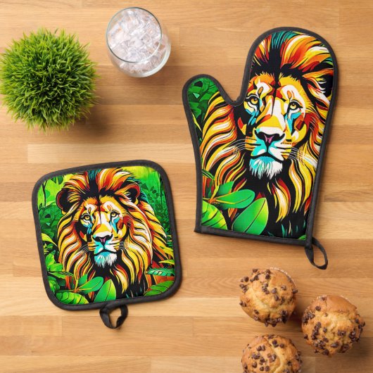 Jungle Lion Pop Art Design Ofenhandschuh & Topflappen-Set (Oben Unten)