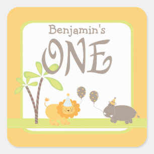 Jungle Lion und Hippo 1. Geburtstag Quadratischer Aufkleber