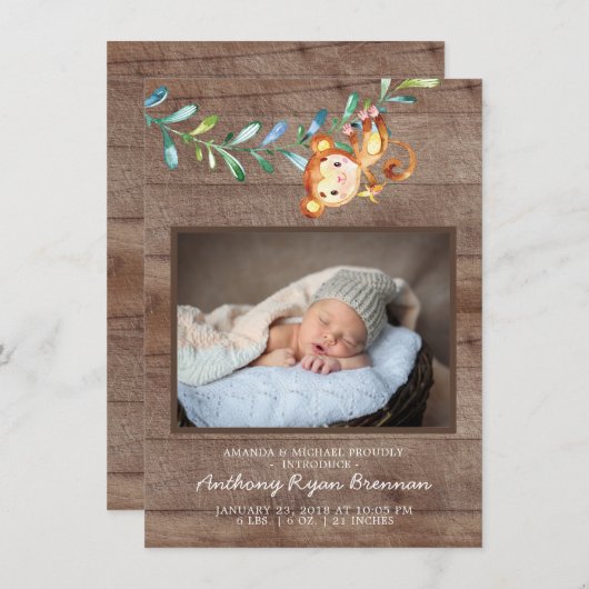 Jungle Little Monkey Foto Geburtsankündigung Ankündigung (Vorne/Hinten)