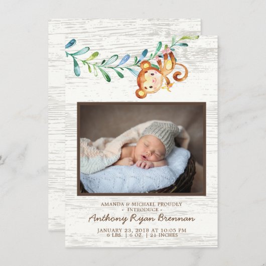 Jungle Little Monkey Foto Geburtsankündigung Ankündigung (Vorne/Hinten)