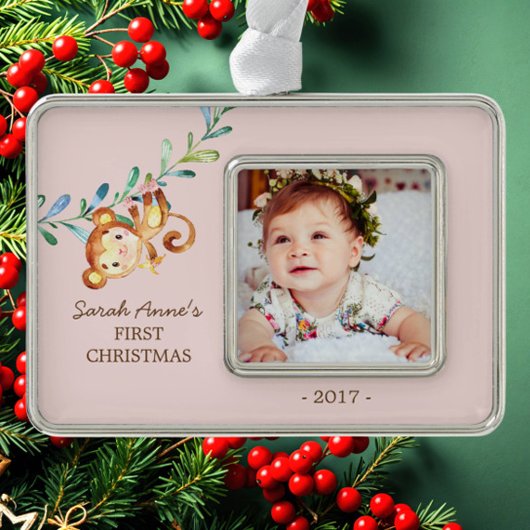 Jungle Monkey Baby's 1. Weihnachts-Foto Ornament Rahmen-Ornament Silber