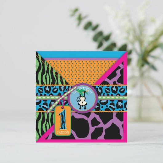 Jungle Monkey Erster Geburtstag Einladung Wild (Stehend Vorderseite)