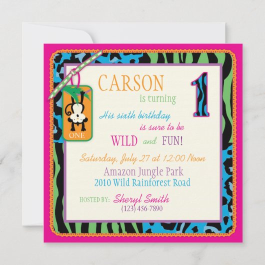 Jungle Monkey Erster Geburtstag Einladung Wild (Rückseite)