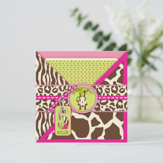Jungle Monkey Fünf Geburtstag Einladung Pink (Stehend Vorderseite)