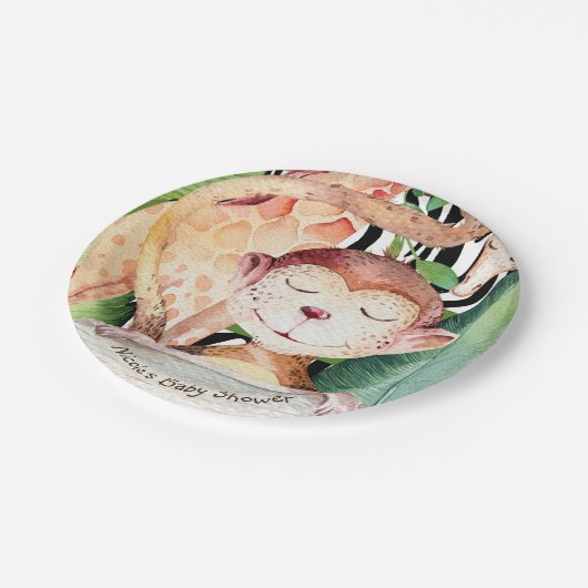 Jungle Monkey & Giraffe Babydusche Tierwerbung Pappteller (Schrägansicht)