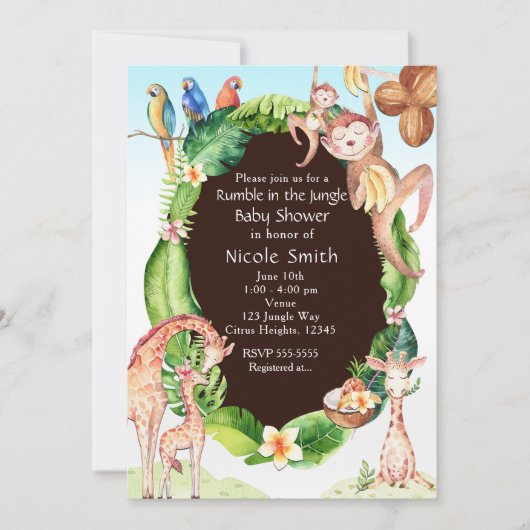 Jungle Monkey & Giraffe Kinderdusche Einladungen (Vorderseite)