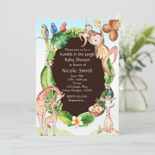 Jungle Monkey & Giraffe Kinderdusche Einladungen (Stehend Vorderseite)