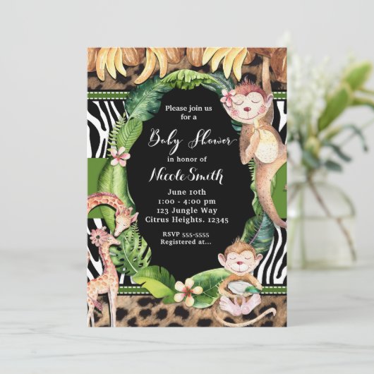 Jungle Monkey & Giraffe Kinderdusche Einladungen (Stehend Vorderseite)