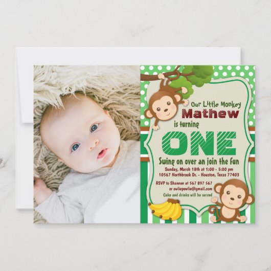 Jungle Monkey Safari Boy Erster Geburtstag Foto Einladung (Vorderseite)