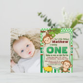 Jungle Monkey Safari Boy Erster Geburtstag Foto Einladung (Stehend Vorderseite)