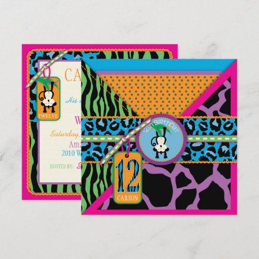 Jungle Monkey Zwölftel Geburtstag Einladung Wild (Vorne/Hinten)