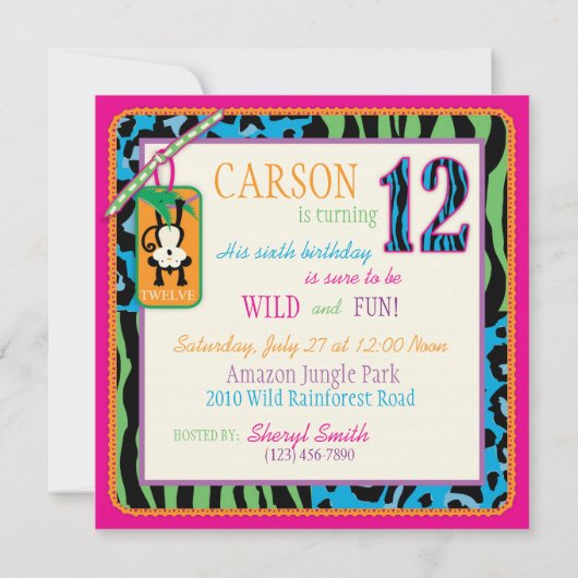 Jungle Monkey Zwölftel Geburtstag Einladung Wild (Rückseite)