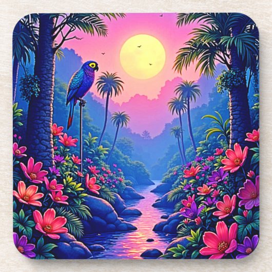 Jungle Moon Blue Parrot Paradise Getränkeuntersetzer (Vorderseite)