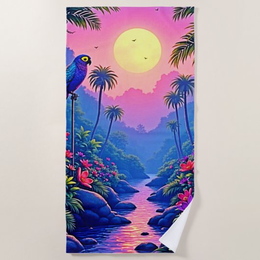 Jungle Moon Blue Parrot Paradise Strandtuch (Vorderseite)