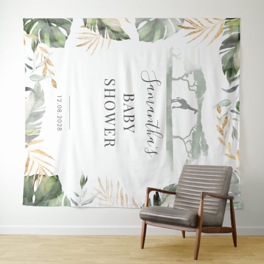 Jungle Palm Blätter Giraffe Babydusche Hintergrund Wandteppich (Beispiel (Horizontal))