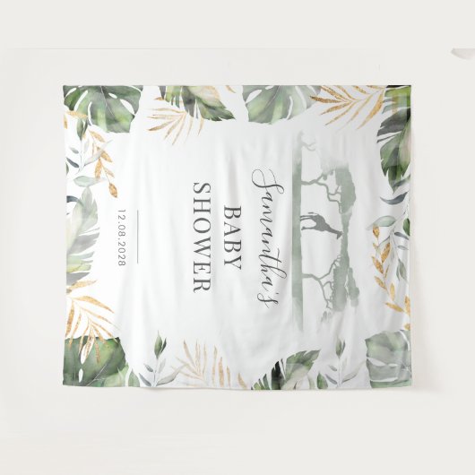 Jungle Palm Blätter Giraffe Babydusche Hintergrund Wandteppich (Vorderseite (Horizontal))