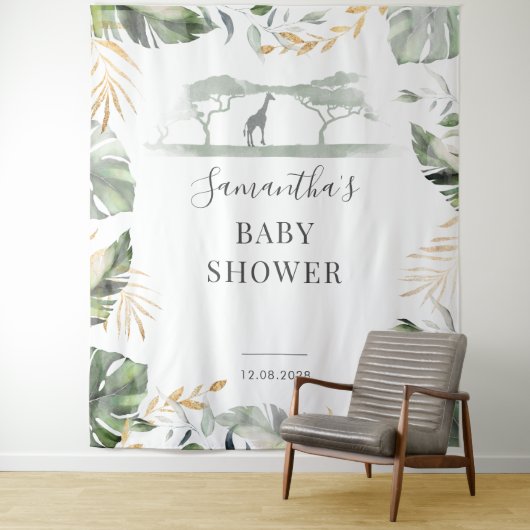 Jungle Palm Blätter Giraffe Babydusche Hintergrund Wandteppich (Beispiel)