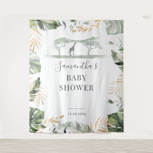 Jungle Palm Blätter Giraffe Babydusche Hintergrund Wandteppich (Vorderseite)