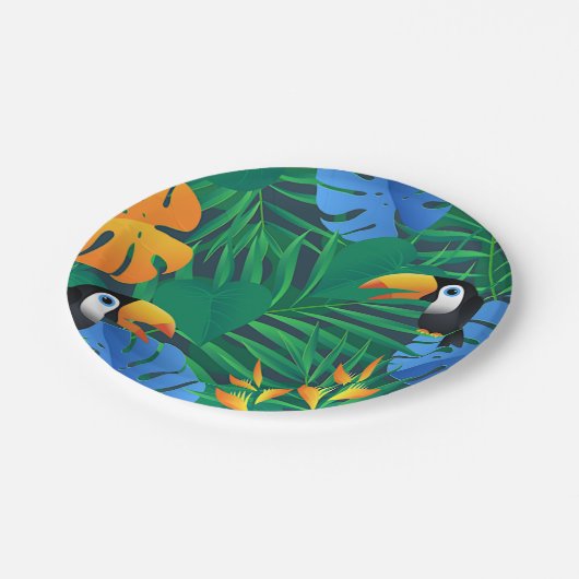 Jungle Palms, Ferns und Toucans Pappteller (Schrägansicht)