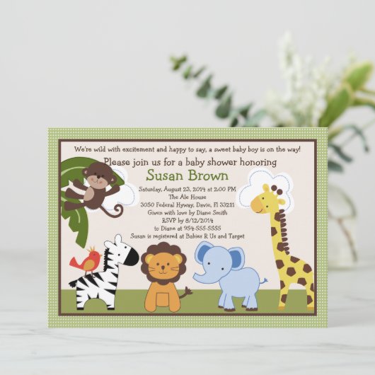Jungle Pals Animals Kinderdusche Einladung (Stehend Vorderseite)