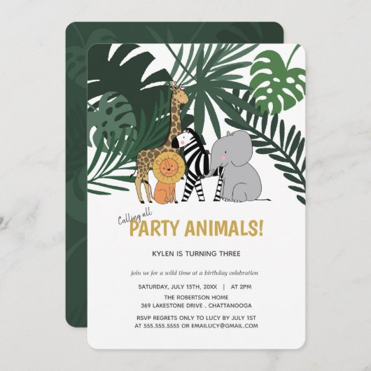 Jungle Party Animals Safari Kindergeburtstag Einladung (Vorne/Hinten)