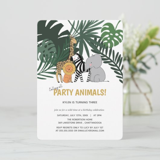 Jungle Party Animals Safari Kindergeburtstag Einladung (Stehend Vorderseite)
