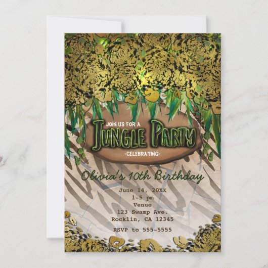 JUNGLE PARTY Gold Glam Animal Print Einladungen (Vorderseite)