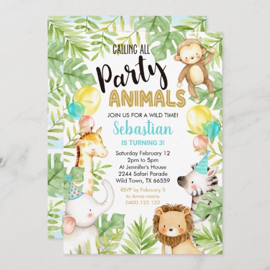 Jungle Party Tiere Einladung Jungle Geburtstag (Vorne/Hinten)