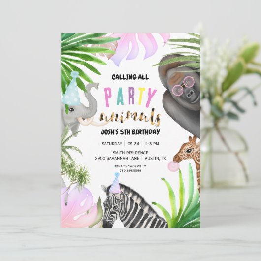 Jungle Party Tiere Geburtstag Einladung (Stehend Vorderseite)