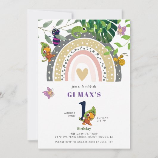 Jungle, Regenbogen und Chameleon Baby 1. Geburtsta Einladung (Vorderseite)