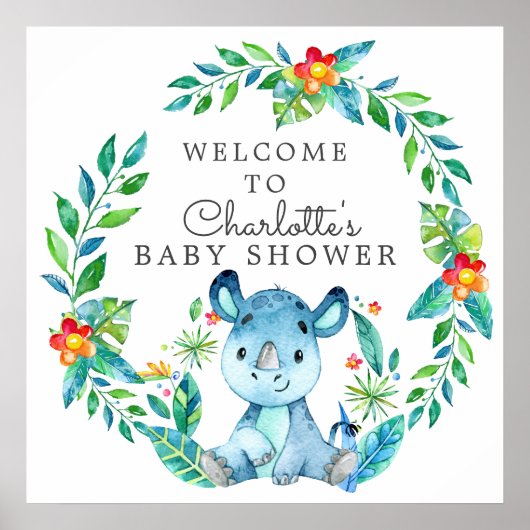 Jungle Rhino Baby Dusche Willkommen Poster (Vorne)