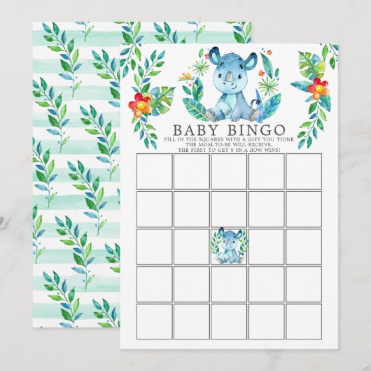 Jungle Rhino BINGO Babydusche Spiel Einladung (Vorne/Hinten)