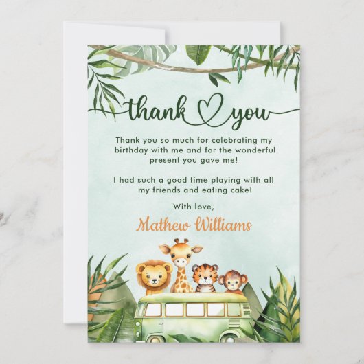 Jungle Safari 1. Geburtstag Dankeskarte (Vorderseite)