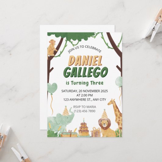 Jungle Safari 3. Geburtstag Einladung (Vorderseite/Rückseite Beispiel)