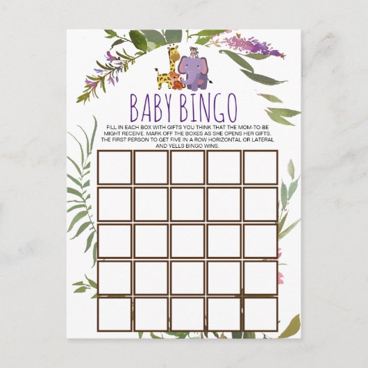 Jungle Safari Animal Baby Dusche Bingo Card Postkarte (Vorderseite)