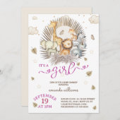 Jungle Safari Animal Baby Girl Dusche Einladung (Vorne/Hinten)