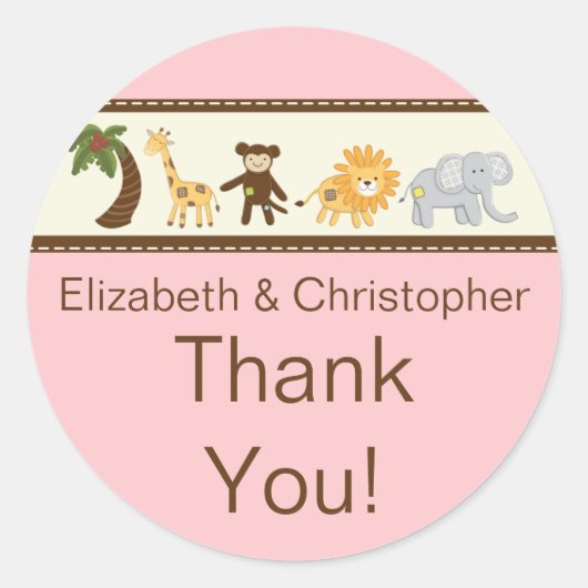 Jungle Safari Animal Pink Girl Baby Dusche Runder Aufkleber (Vorderseite)