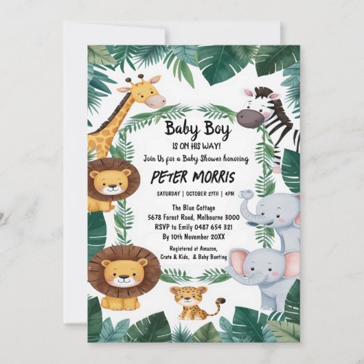 Jungle Safari Animals Baby Dusche Einladung (Vorderseite)