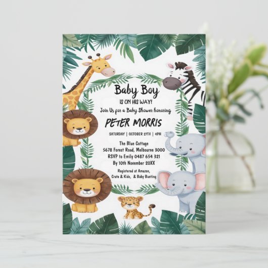Jungle Safari Animals Baby Dusche Einladung (Stehend Vorderseite)