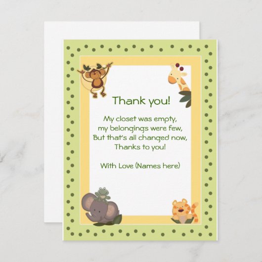 Jungle Safari Animals Baby Dusche Vielen Dank Dankeskarte (Vorne/Hinten)