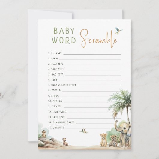 Jungle Safari Animals Baby Word Scramble Game Card Einladung (Vorderseite)