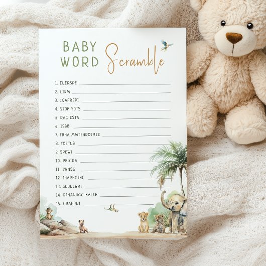Jungle Safari Animals Baby Word Scramble Game Card Einladung