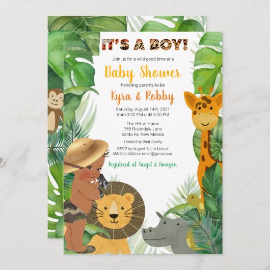 Jungle Safari Animals Boy Baby Dusche Einladung (Vorne/Hinten)