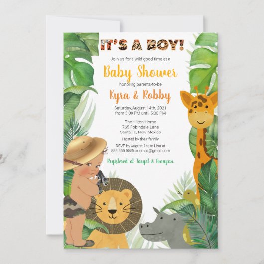 Jungle Safari Animals Boy Baby Shower Einladung (Vorderseite)