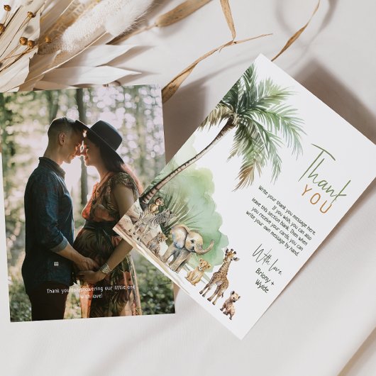 Jungle Safari Animals Vertical Baby Dusche Foto Dankeskarte