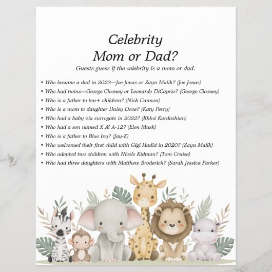 Jungle Safari Baby Showspiele Flyer (Vorne)